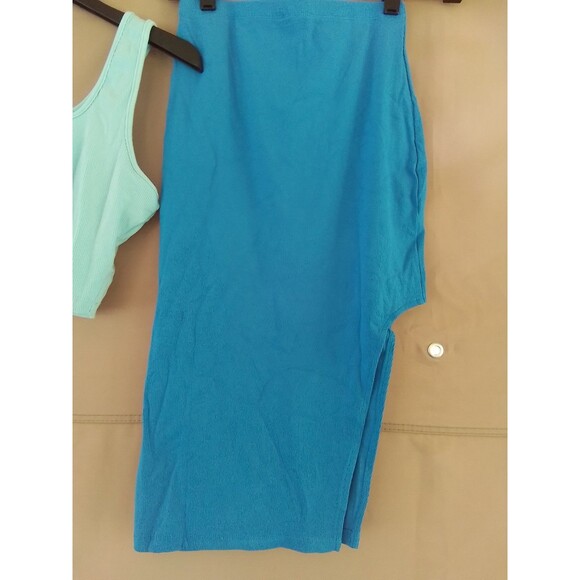 2 Piece Scoop Neck Sleeveless Ribbed Tank Top Bodycon Slit Midi Skirt Outfit Dr - Picture 4 of 7